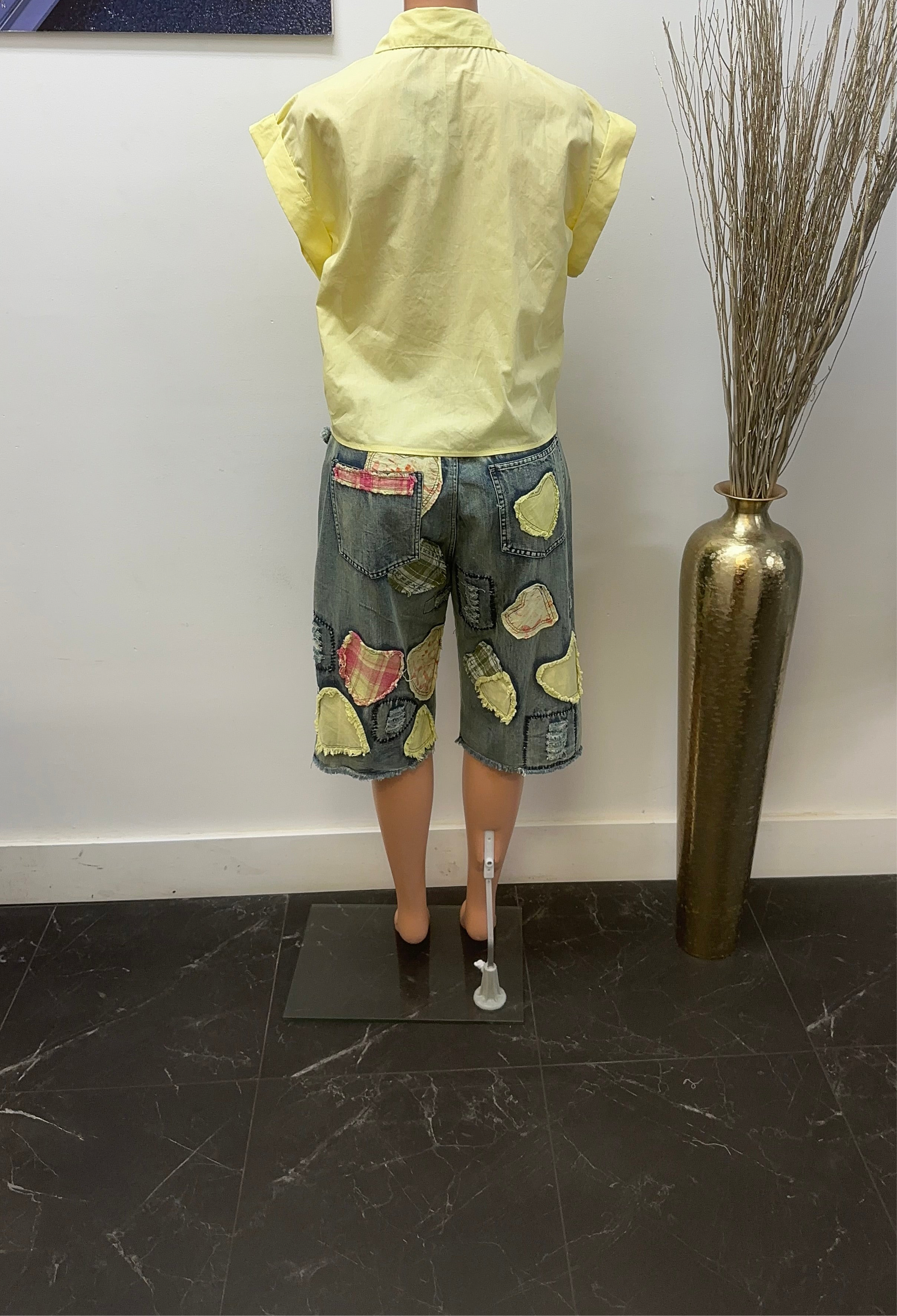 heather women jeans shorts and blouse