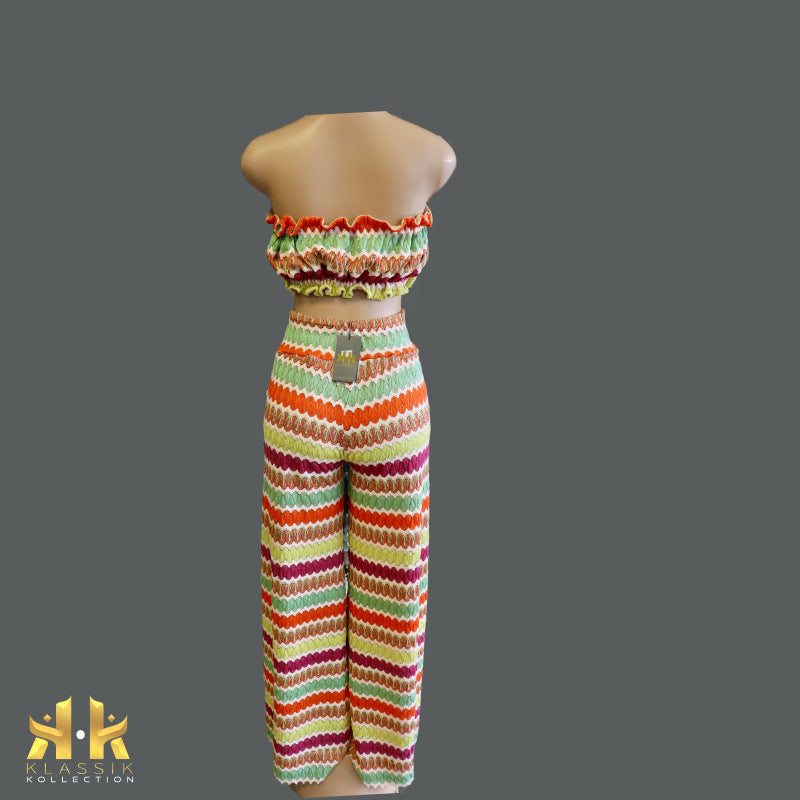 KK Women Sexy Hollow Out  Tube Halter Crop Top Strapless Top + Straight Wide Leg 2 Piece set Multi color Knitted Palazzo Pants sets