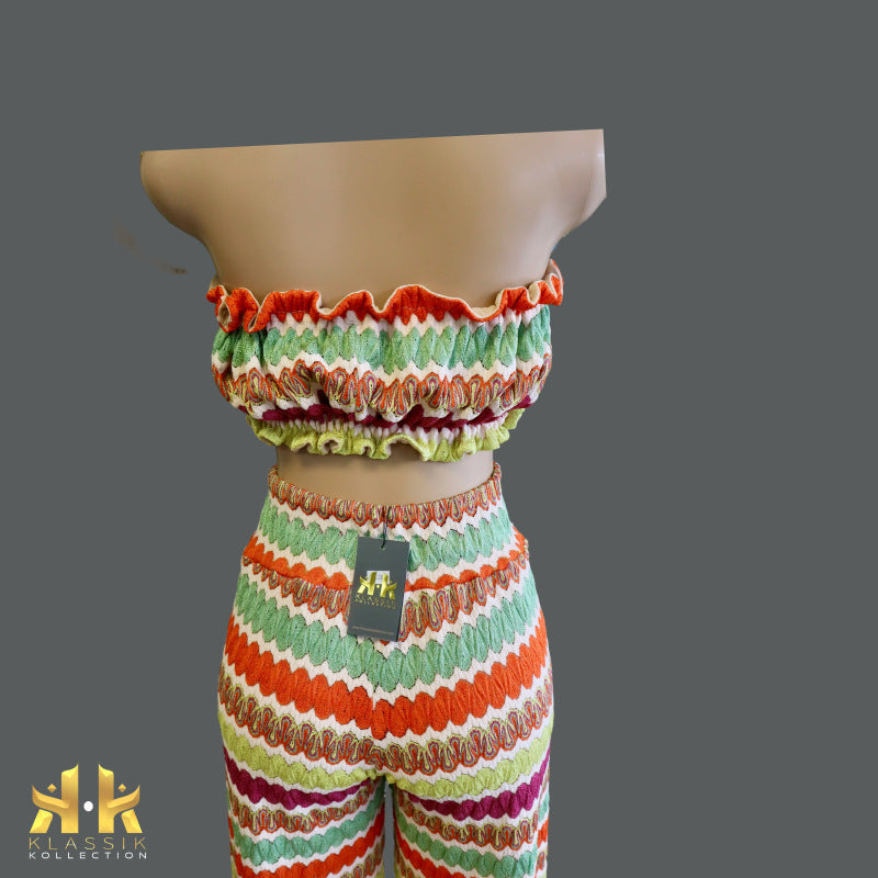 KK Women Sexy Hollow Out  Tube Halter Crop Top Strapless Top + Straight Wide Leg 2 Piece set Multi color Knitted Palazzo Pants sets