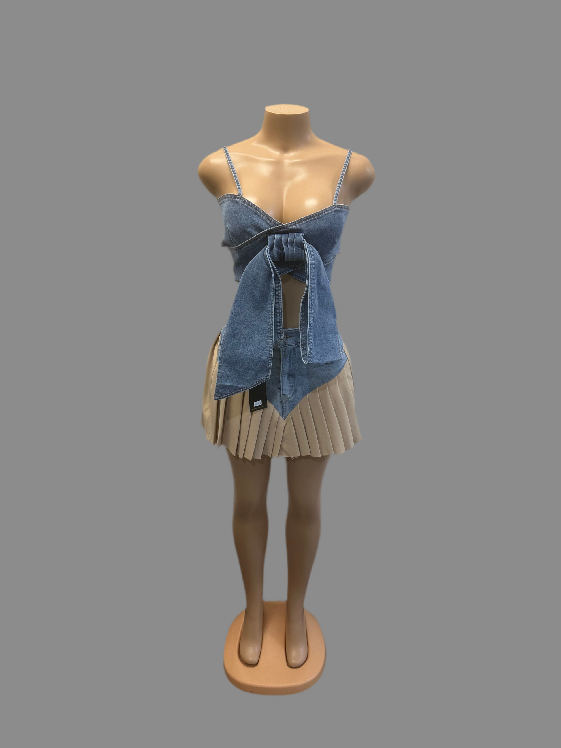 Keke pleated women jeans skirt set